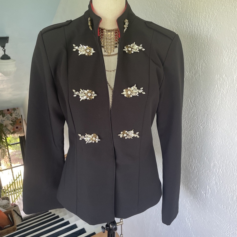 XOXO RARE Vintage Black‎ Rhinestone Embellishment Military Jacket Blazer Y2K